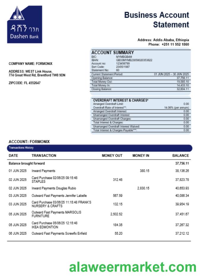 Dashen bank company statement Word and PDF format